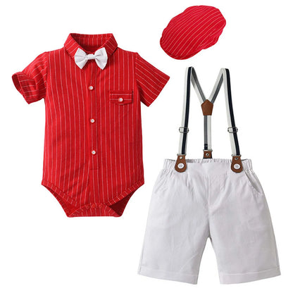 Baby Boys Summer Short Sleeve Lapel Bow Tie Romper with Suspender Shorts Beret Christening Birthday Wedding Party Gentlemen Suit