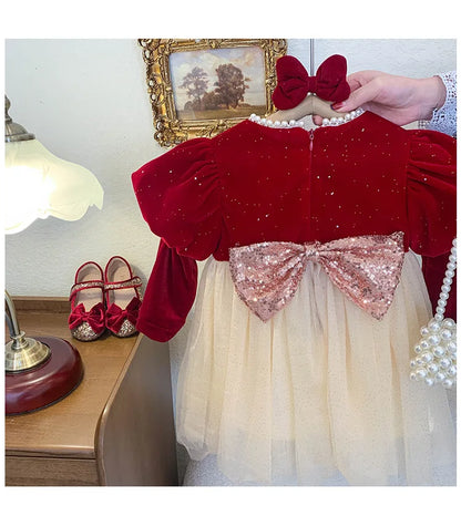 Winter Bow Sequin Dress for Girls' 2025 New Fashion Baby Red Christmas Dresses Velvet Patchwork Mesh A-line Princess Dress