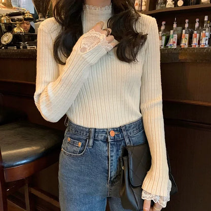 autumn Knitted Turtleneck Long Sleeve Slim Jumper Tops Women Sweater Pullover Lace splicing Ladies Casual Shirts Soft Clothing