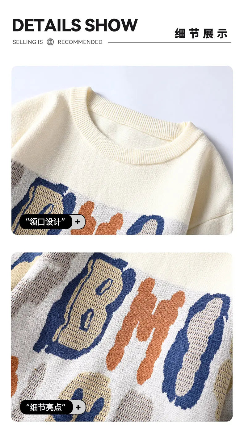 New Graffiti Printed Winter Letter Warm Men's Knitted Sweater Fashion Hoodies Loose Warm Street Autumn Woolen Pullover