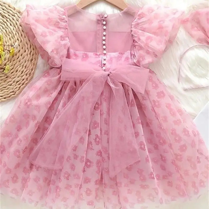 Summer Dress For Girls Children's Clothing Pink Floral Puff Sleeve Dress Baby Chiffon Princess Dress For Daily Holiday Dresses