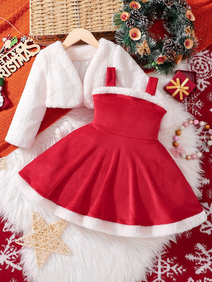 2026 New Year Dress For Girls Autumn And Winter Plush Jacket & Suspender Suits Elegant Dress Carnival Party Christmas Dresses