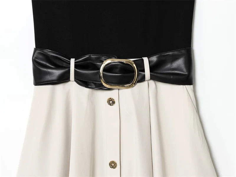 Women's Dress Summer 2025 New Color-blocked Sleeveless Belt Embellished Dress Long Dress Casual Fashion Temperament Elegance