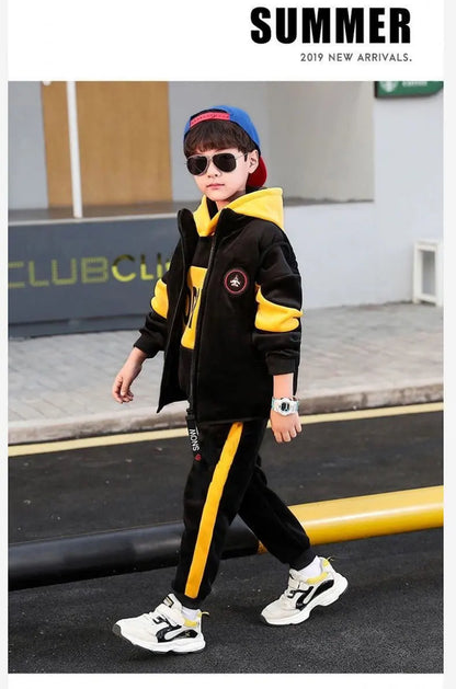 2025 winter Boys tracksuit Autumn Toddler Teenager Clothes vest velvet jacket + Sweatishrt hooded + Pant Children Kids 4 12 year