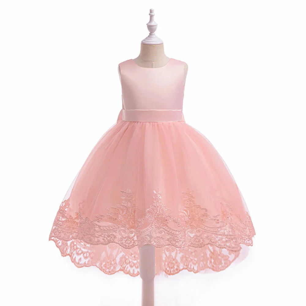 Trailing Party Dresses For Girl Pink Flower Bow Wedding Bridesmaid Girls Dress Elegant Tulle Birthday Princess Evening Prom Gown