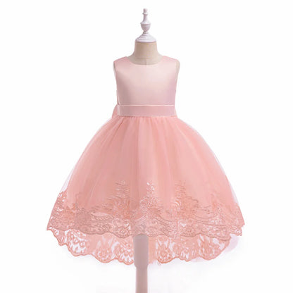 Trailing Party Dresses For Girl Pink Flower Bow Wedding Bridesmaid Girls Dress Elegant Tulle Birthday Princess Evening Prom Gown