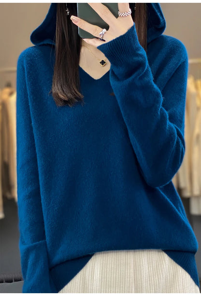 2024 100% Merino Pure Wool V-neck Hoodie Autumn/Winter Hoodie New Cashmere Sweater Women's Casual Knitted Top DMR207