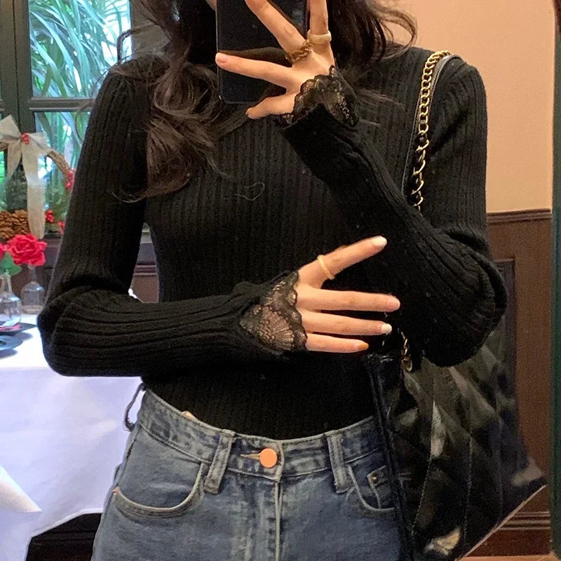 autumn Knitted Turtleneck Long Sleeve Slim Jumper Tops Women Sweater Pullover Lace splicing Ladies Casual Shirts Soft Clothing