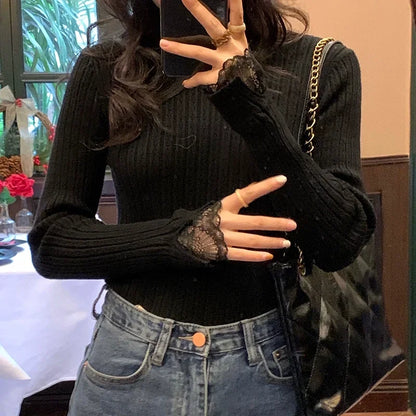 autumn Knitted Turtleneck Long Sleeve Slim Jumper Tops Women Sweater Pullover Lace splicing Ladies Casual Shirts Soft Clothing