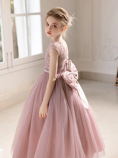 Girl Party Dress Long Pink Gown with Big Bow Evening Dress Puffy Gauze Girl Princess Dress