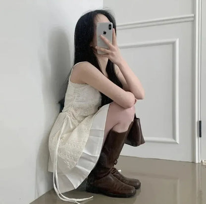 Summer Dress Women Chic French Lace Stitching Sling Shirt Stacked Gauze Knitted Dress Overskirt Inner Wear Base Short Dress