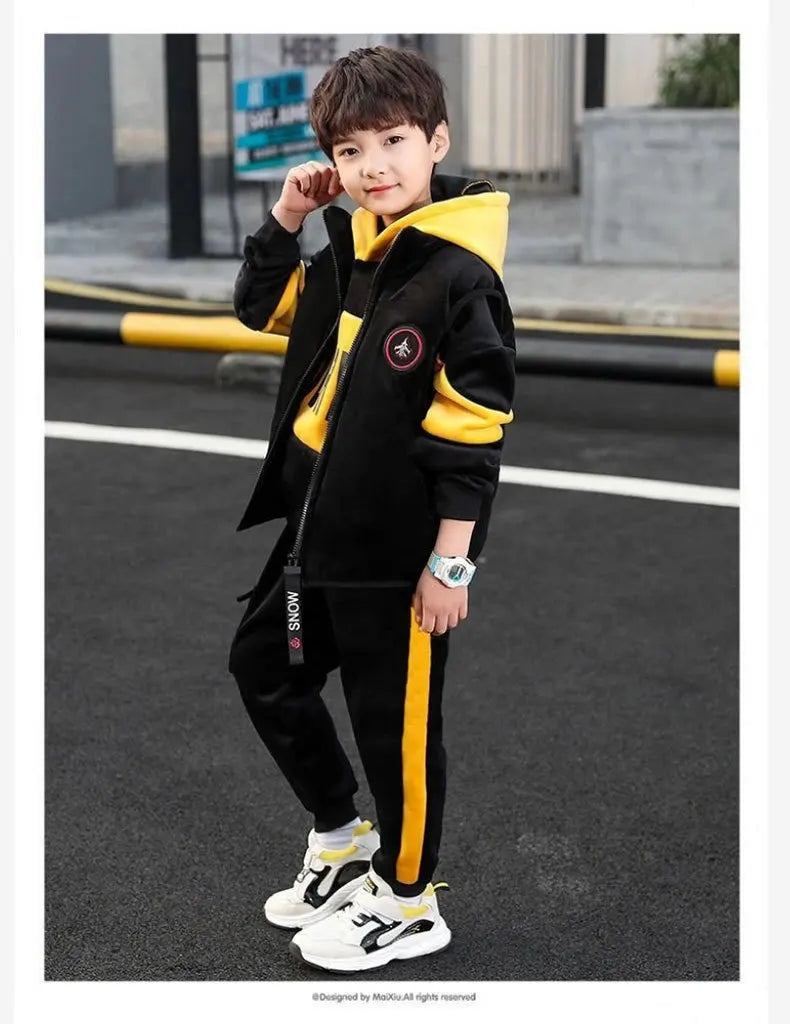 2025 winter Boys tracksuit Autumn Toddler Teenager Clothes vest velvet jacket + Sweatishrt hooded + Pant Children Kids 4 12 year