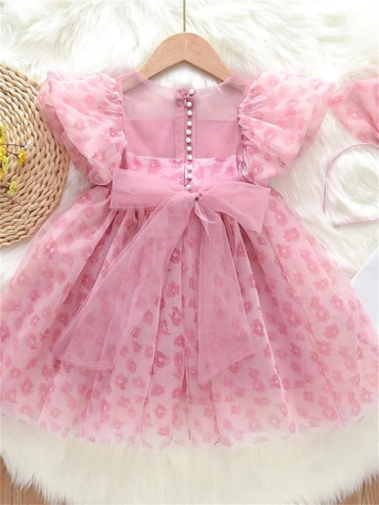 Summer Dress For Girls Children's Clothing Pink Floral Puff Sleeve Dress Baby Chiffon Princess Dress For Daily Holiday Dresses
