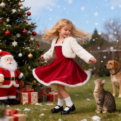 2026 New Year Dress For Girls Autumn And Winter Plush Jacket & Suspender Suits Elegant Dress Carnival Party Christmas Dresses