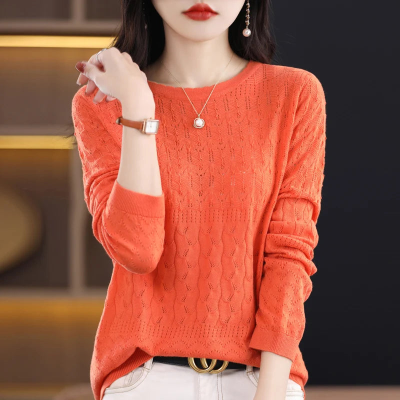 Worsted Wool Sweater Women's Spring 2023 New Western-Style Solid Color Round Neck Top With Long Sleeve Bottom Hollowed-Out Thin