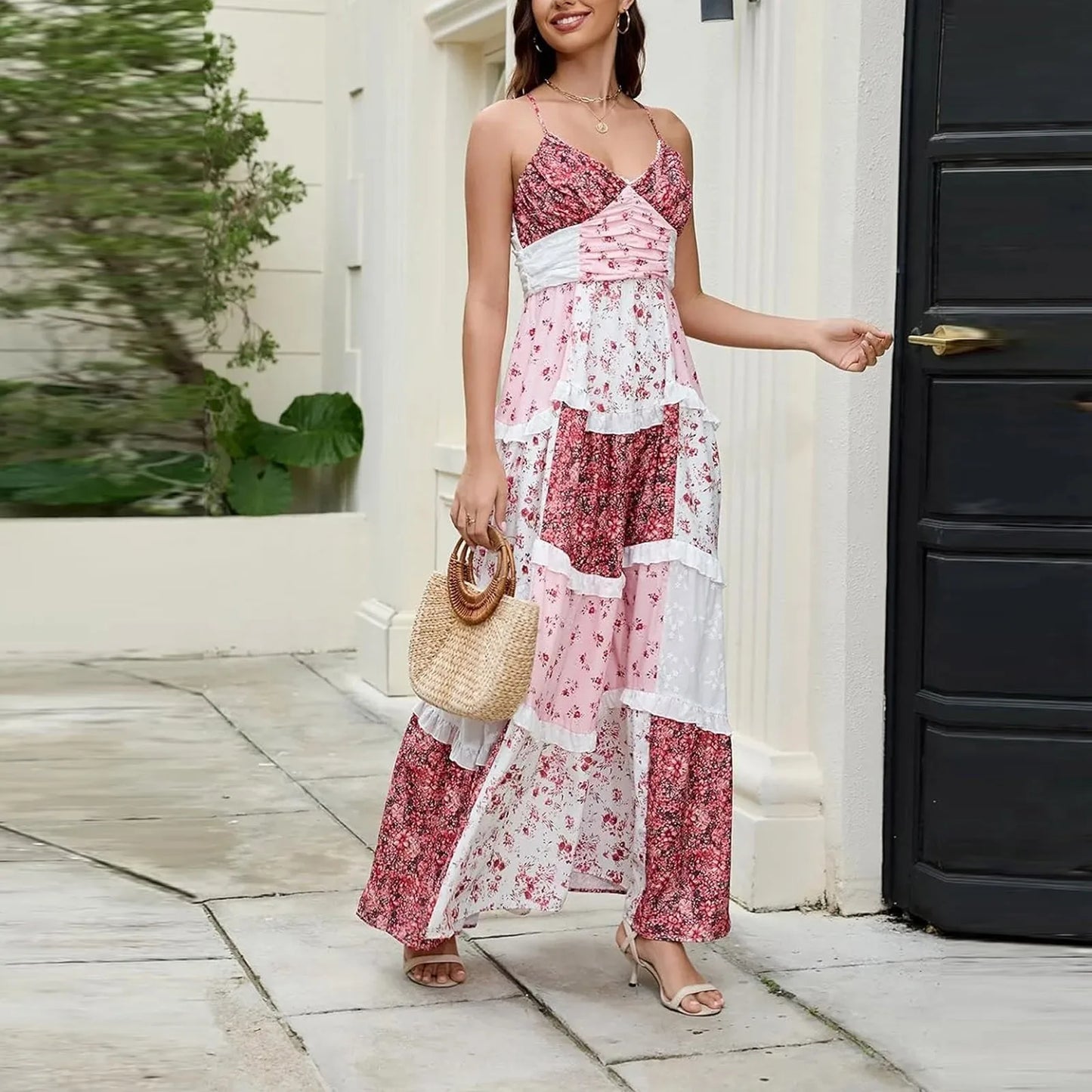 Women'S Spring/Summer Casual V-Neck Floral Printed Beach Midi Dresses Vestido Mujer Summer Dress Robe Femmes Dress Women