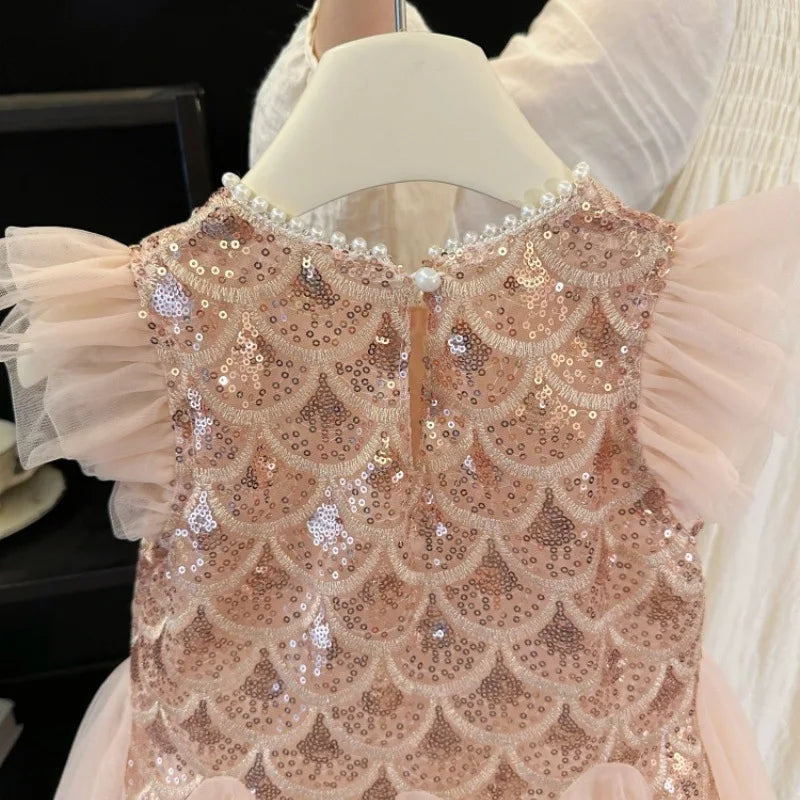 Girls Dress 2025 Summer New Children Elegant Princess Dress Baby Fashion Mesh Flying Sleeve Tank Top Dress