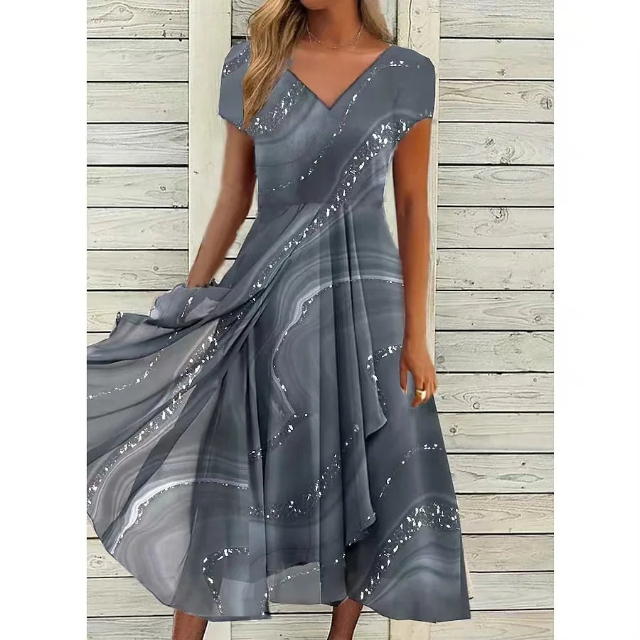 Women Summer New Dress Casual Fashion Chiffon Splicing Short Sleeve V Neck High Waist Dress