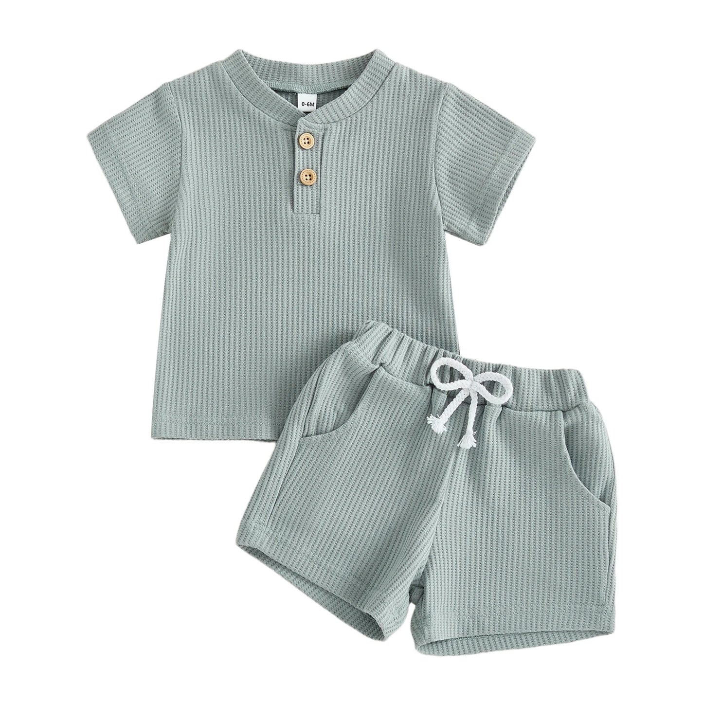 Toddler Baby Boys Summer Clothing Sets Solid Color Short Sleeve O-neck Button Waffle T-shirts Tops with Shorts 2ocs Outfits