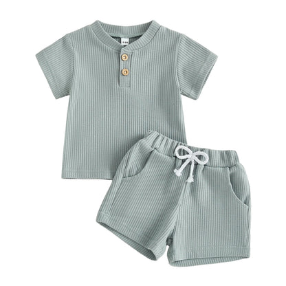 Toddler Baby Boys Summer Clothing Sets Solid Color Short Sleeve O-neck Button Waffle T-shirts Tops with Shorts 2ocs Outfits