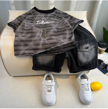 Boys Summer 2025 Boutique Design Outfits Baby Boys Short Sleeve Striped T-Shirt Jeans Shorts 2pcs Korean Clothes for Children
