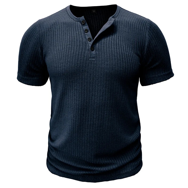 Summer Trend Men's Short Sleeve Casual T-Shirts Solid Henley Neck Button Up Pullover Tops Spring Turn Down Collar Basic Shirt
