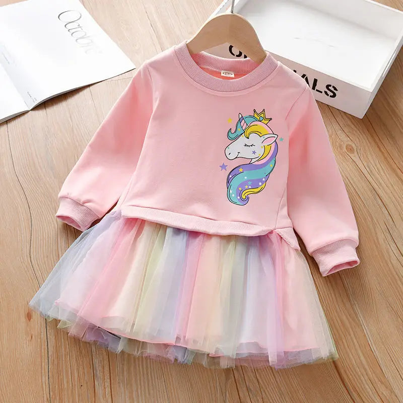 Girl Unicorn Princess Dress 2025 New Winter Girl Dress Children's Unicolor Sweaters + Mesh Dress Set Children's Clothing 2-8Y