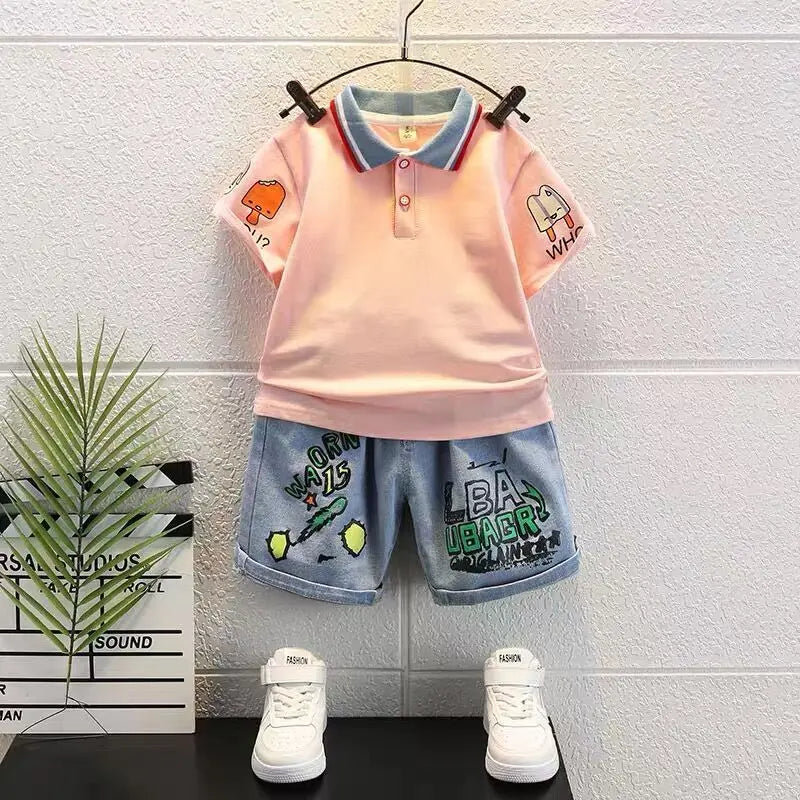 Boys 2025 Summer Outfit T-Shirt and Jeans Korean Polo Fashion 2PCS Casual Clothing Korean Reviews Top Toddler Kids Clothes Sets