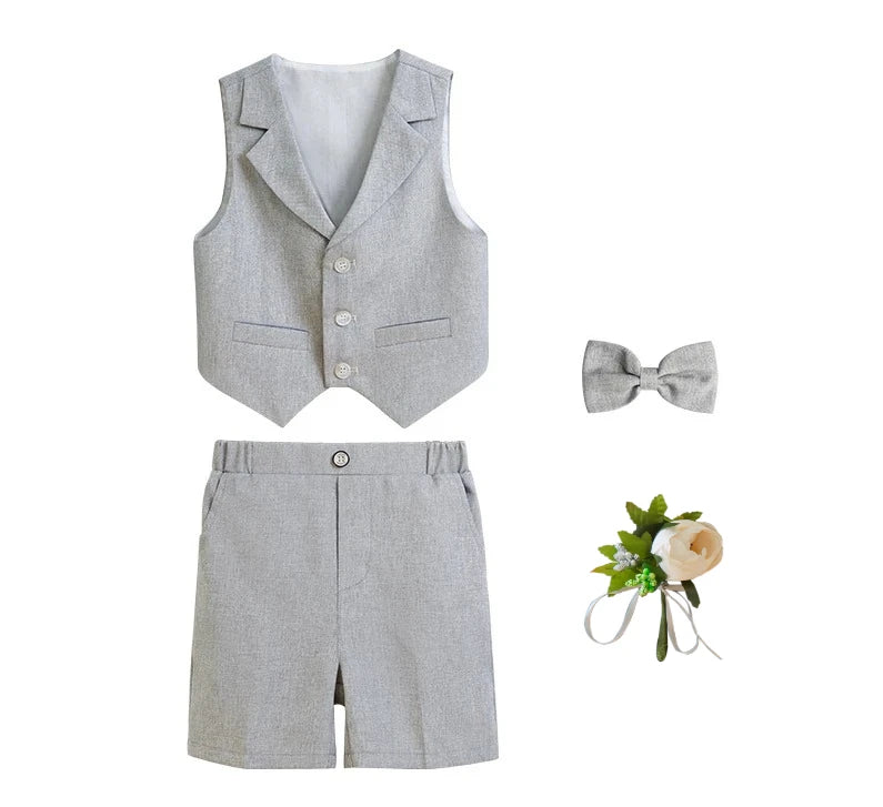 Boys Dressy Shorts Set Summer Elegant Vest Outfits for Kids School Performance Formal Wear Flower Boy Wedding Blazers Tuxedo