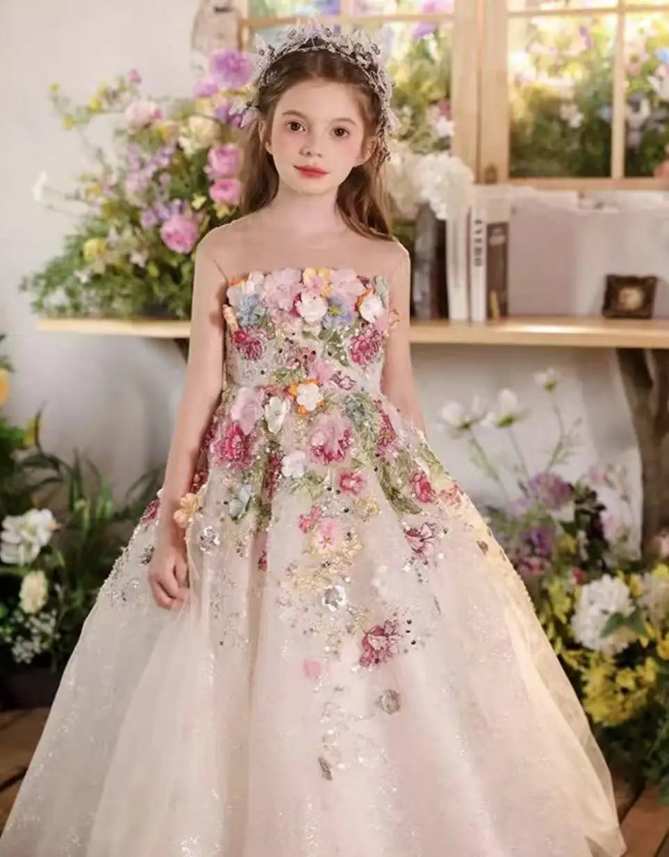 Customized Floral Evening Party Baby Girls Dress for Princess Luxury Handmade Pageant Flower Girl Birthday Style Beads Gowns