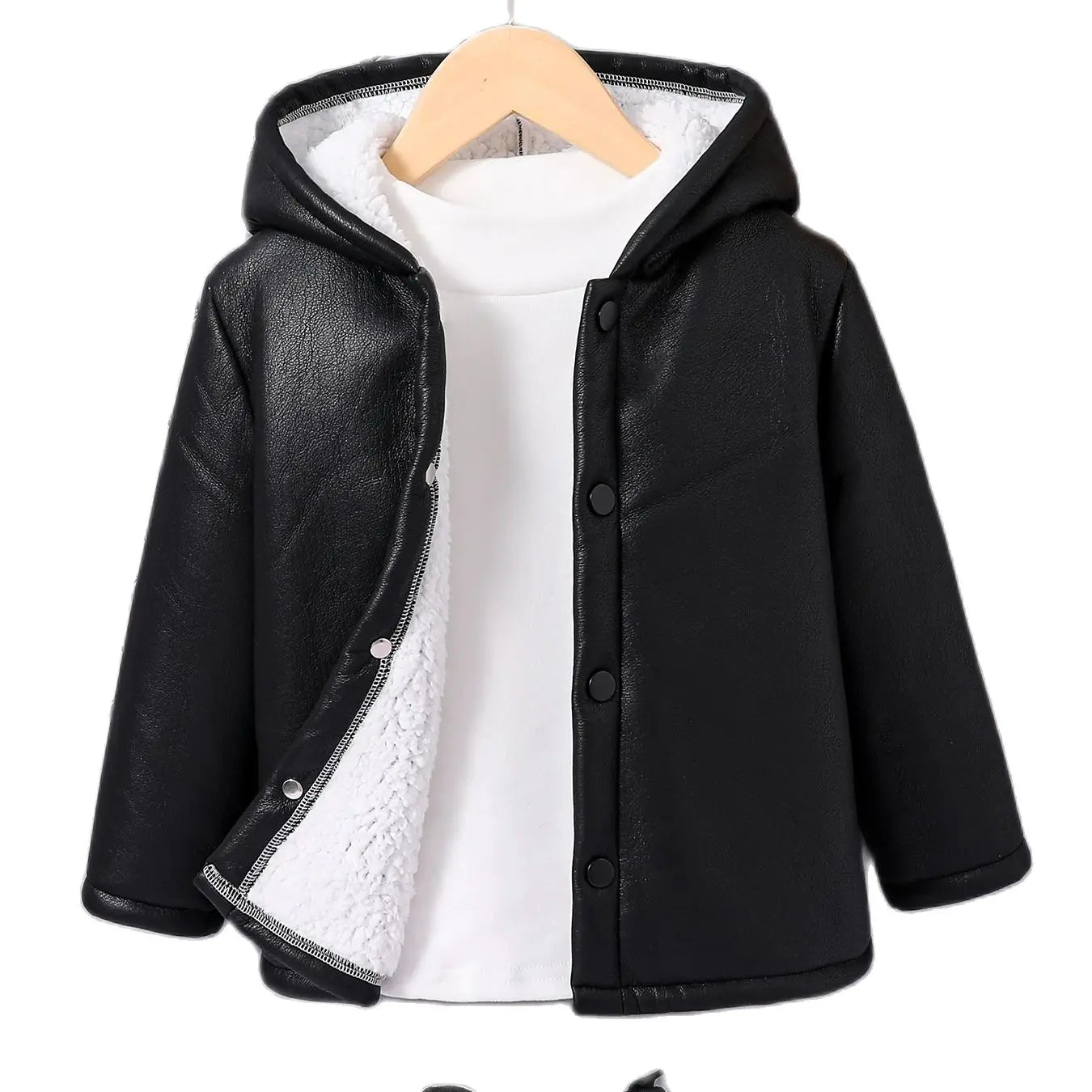 Fall/Winter Boys fashion hooded PU leather black button-lined wool top
