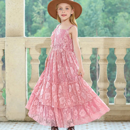 Summer Dress Girls Lace Flower Embroidery Dress Backless Toddler Bohemian Long Dress For Kids Birthday Wedding Party Beach Wear