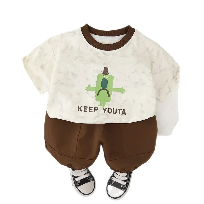 Boys' summer outfit set, baby's summer short sleeved two-piece set, children's Korean cartoon children's clothing, shorts