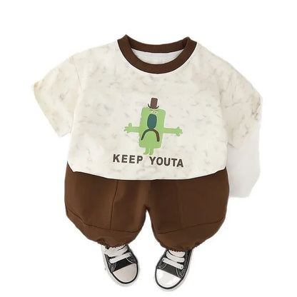 Boys' summer outfit set, baby's summer short sleeved two-piece set, children's Korean cartoon children's clothing, shorts