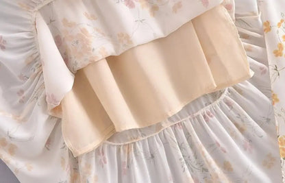 Summer Retro Elegant Elastic off Shoulder Long Dresses France Beige Floral Print Vintage Back Zipper Women Summer Dress