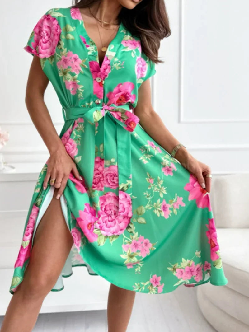 Summer Women's Fashion Flower Print Short Sleeved Dress Elegant V-neck Button Belt Leisure Vacation Dress