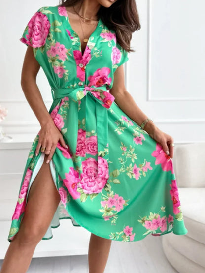 Summer Women's Fashion Flower Print Short Sleeved Dress Elegant V-neck Button Belt Leisure Vacation Dress