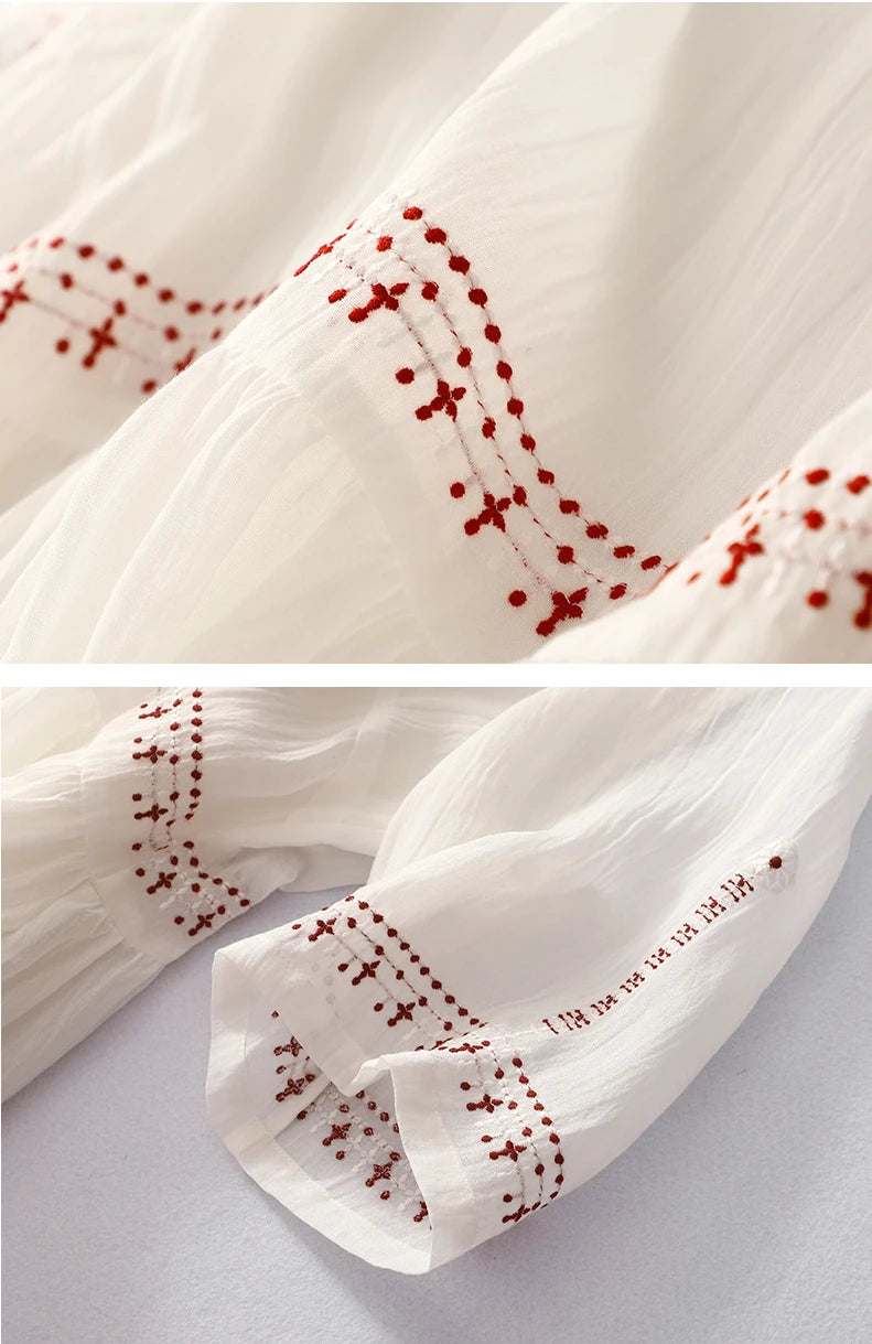 Summer New Dresses for Women LOOSE Embroidery Vintage Dress Streetwear Long Dresses Women Clothing Robe O-Neck White Dress