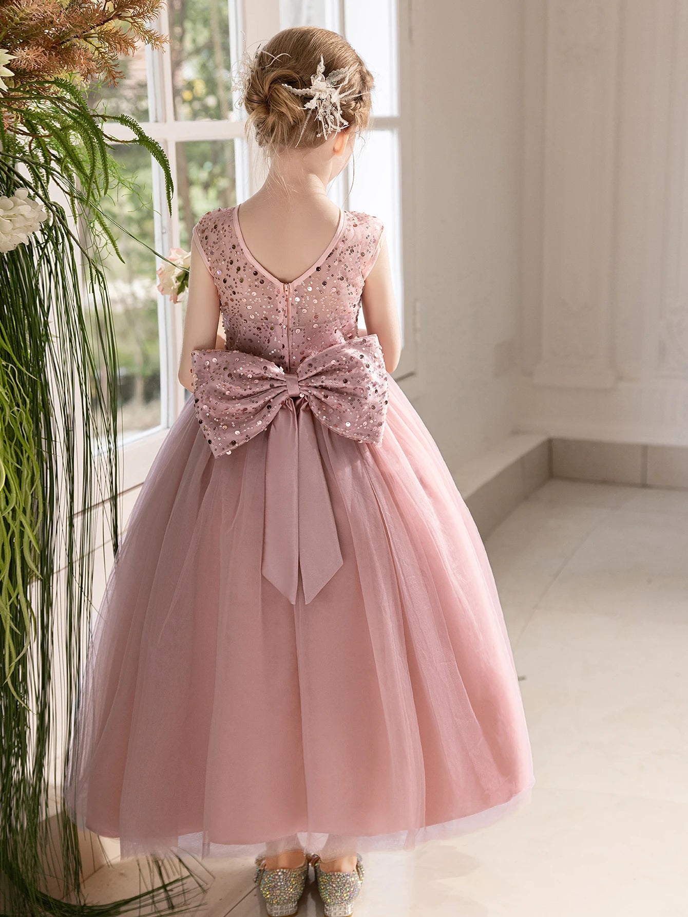 Girl Party Dress Long Pink Gown with Big Bow Evening Dress Puffy Gauze Girl Princess Dress