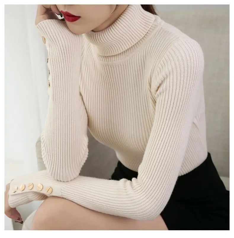 2025 Knitted Turtleneck Women Sweater Button Long Sleeve Pullovers Autumn Winter Basic Femme Sweaters Slim Solid Pull Tops