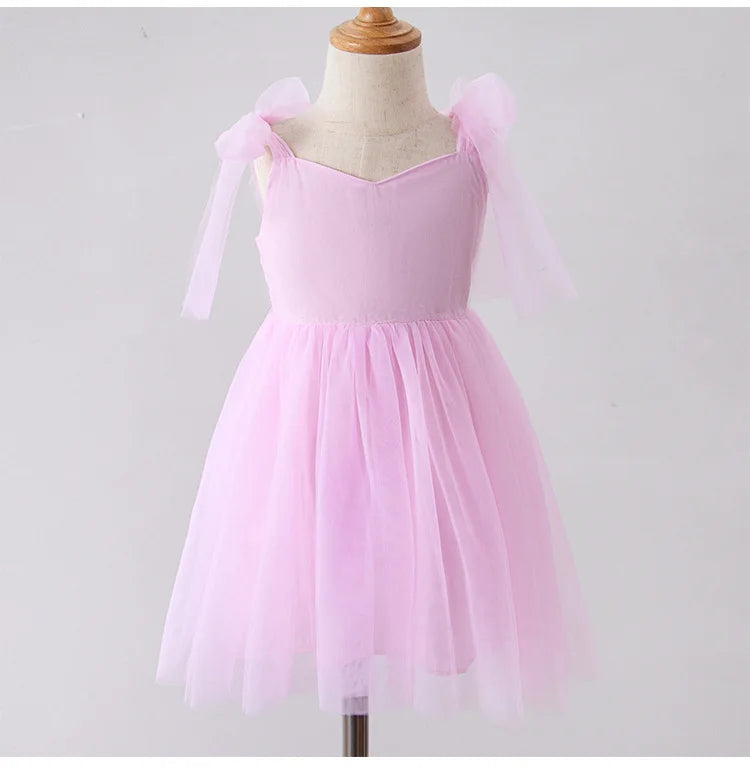 Flower Girl Dresses Pink Tulle Puffy With Bow Sleeveless Toddler Girls Baptism Wedding Birthday Party Dress Leisure Frocks