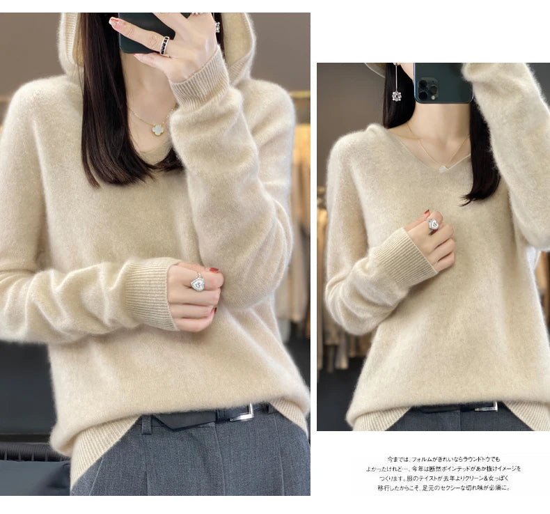 2024 100% Merino Pure Wool V-neck Hoodie Autumn/Winter Hoodie New Cashmere Sweater Women's Casual Knitted Top DMR207