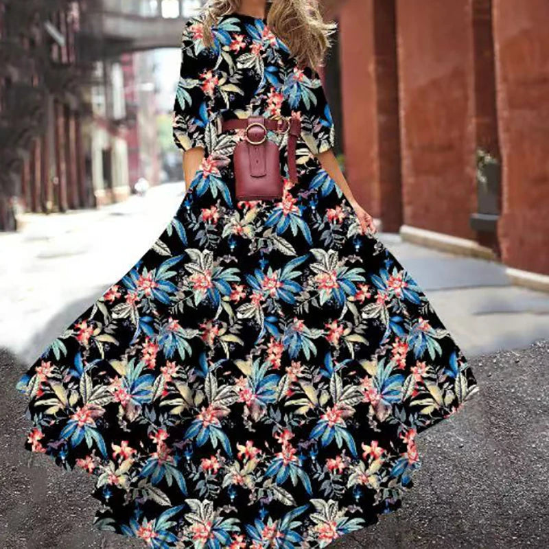 Summer Bohemian Floral Long Dress For Women Casual Holiday Beach Zipper Round Collar Pocket Slim-fitting Swing Robe Vestidos