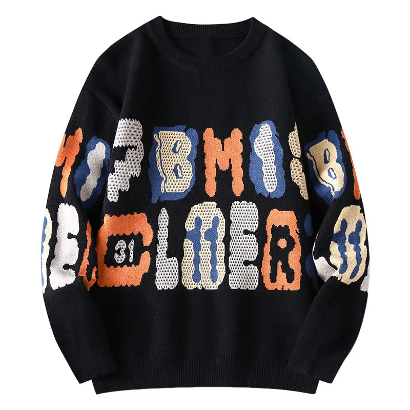 New Graffiti Printed Winter Letter Warm Men's Knitted Sweater Fashion Hoodies Loose Warm Street Autumn Woolen Pullover