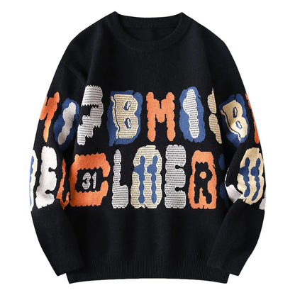 New Graffiti Printed Winter Letter Warm Men's Knitted Sweater Fashion Hoodies Loose Warm Street Autumn Woolen Pullover