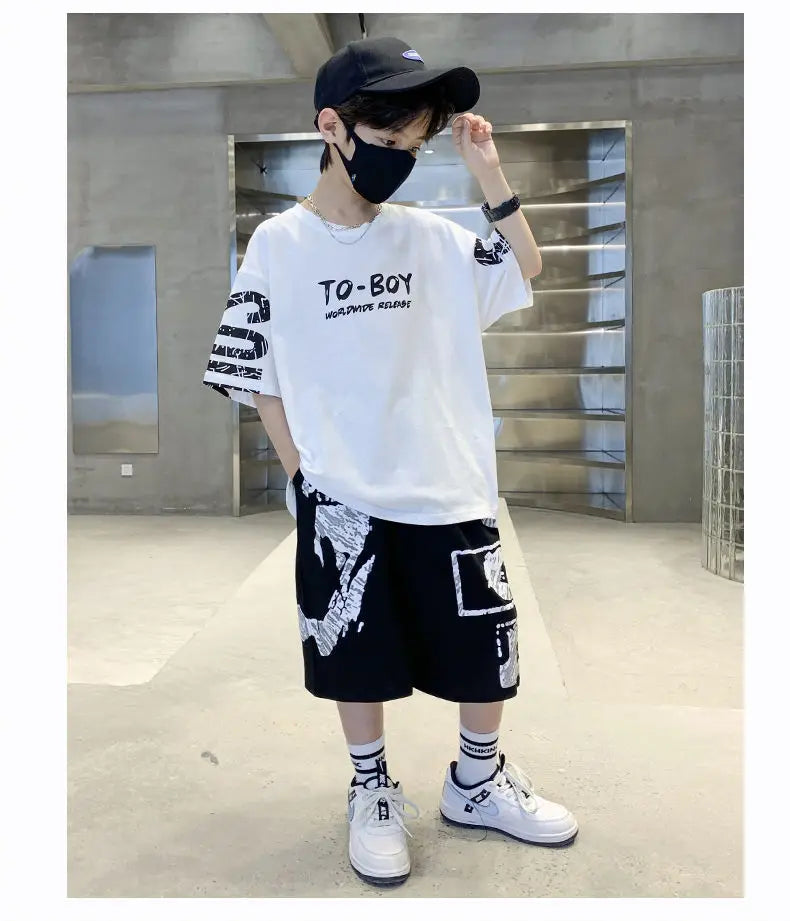 Boys Summer Trendy Casual Sports 2pcs T-shirts+Pants Suits 3-14 Years Teenage Boys Hip Hop Style Fashion Outfits Clothes Sets