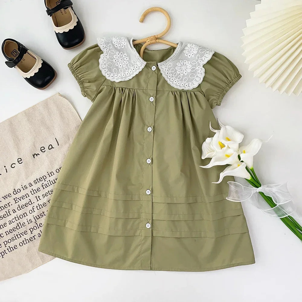 Girls Summer Dress Lace Collar Puff Sleeved Elegant Baby Kids Princess Birthday Dresses Children Clothes Vestidos  3-7 Years Old