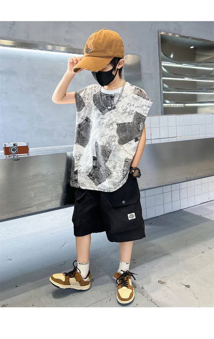 Boys Summer Clothing Sets Sleeveless Top + Shorts Two Pieces Soft Cotton Outfits for Kids Child Age 5 6 7 8 9 10 11 12 13 14 Y