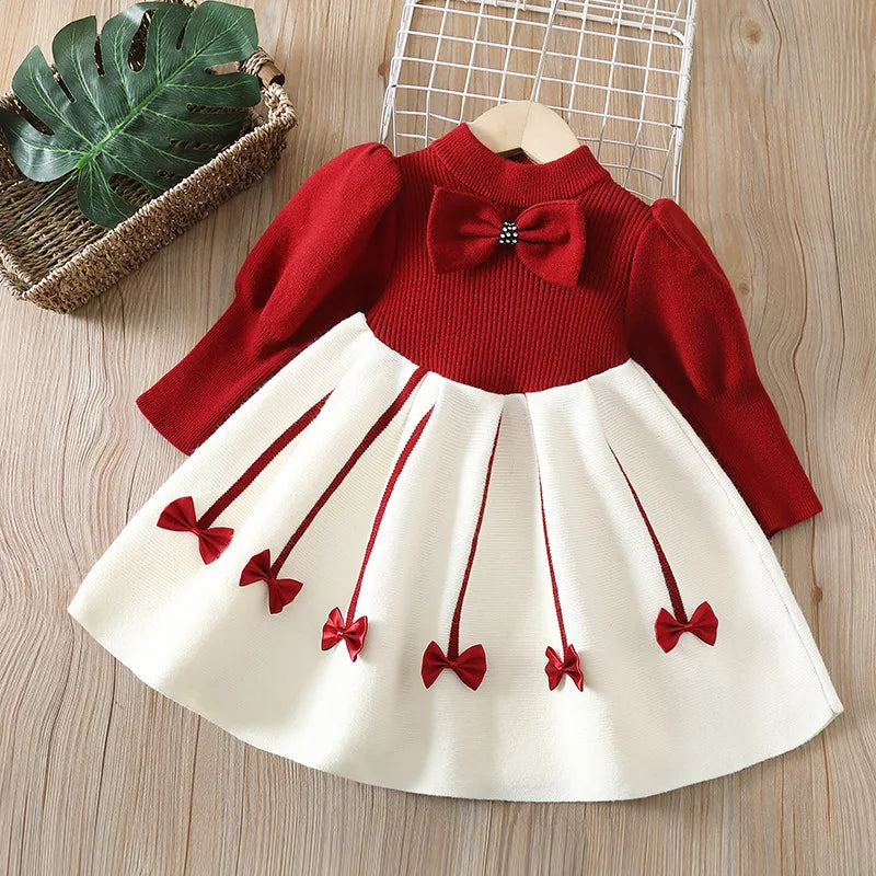 Girls' Sweater Skirt Sweaters Long Dress2025Autumn and Winter New Bow Sweet Princess Dress