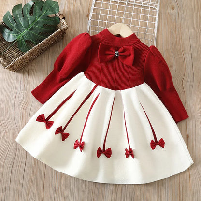 Girls' Sweater Skirt Sweaters Long Dress2025Autumn and Winter New Bow Sweet Princess Dress